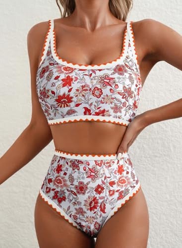 Herseas Women's Bikini Sets Floral Print Color Block Swim Suits High Waisted Scoop Neck Wireless Bathing Suits Orange Travel Outfits Medium - Image 4