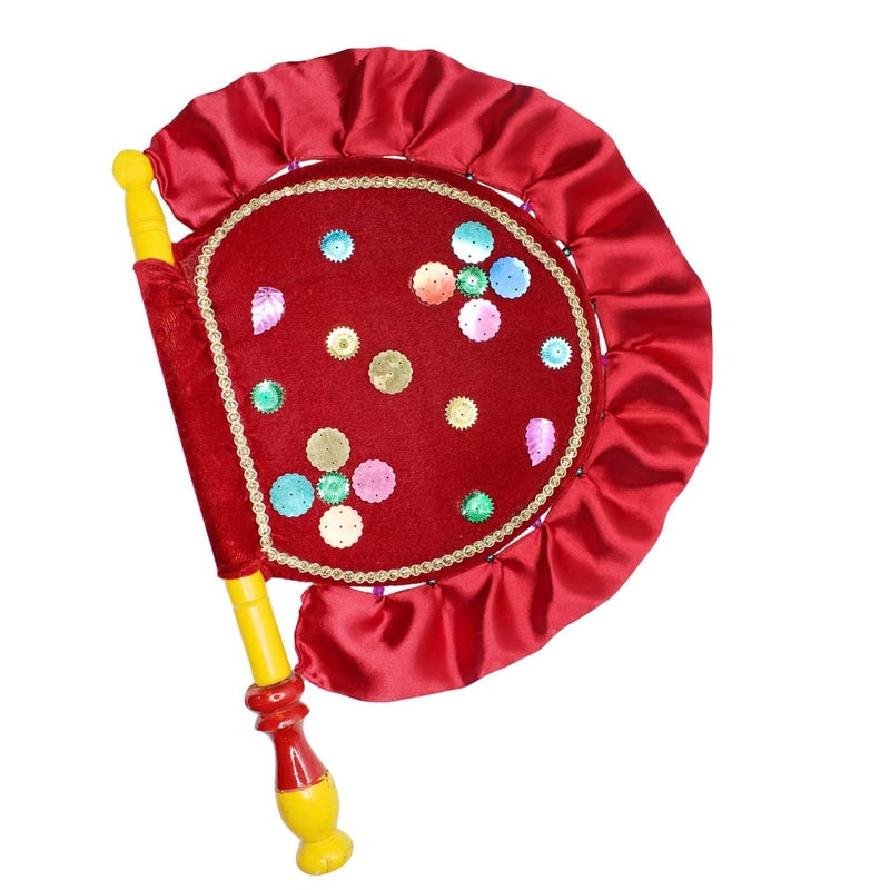 LUCKYMORDEN LUCKYMORDEN Cloth Hand Made Beautiful Hand Fan With Wooden Handle For Cool Air Home Decor And Travel Use Red colour  - Image 1
