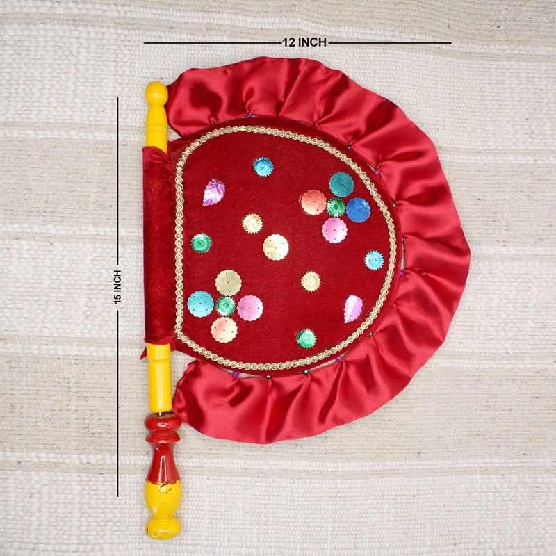LUCKYMORDEN LUCKYMORDEN Cloth Hand Made Beautiful Hand Fan With Wooden Handle For Cool Air Home Decor And Travel Use Red colour  - Image 2