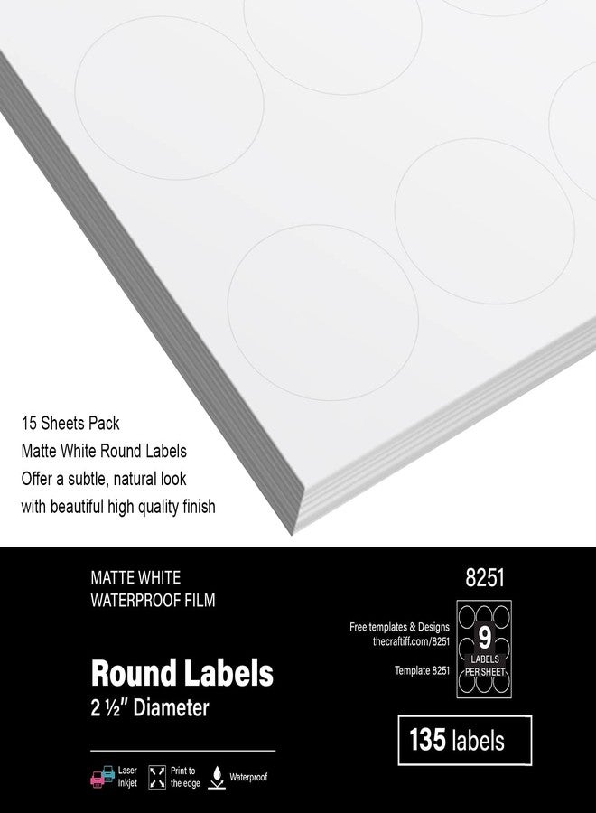 Craftiff Round Labels Stickers 2.5" inches Printable Vinyl Waterproof Matte White Sticker Paper, 135 Customizable Labels Compatible with 22562 - Image 3