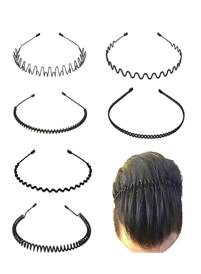 KLNEEDS Black Metal Hair Band for Men - 6 Pcs Thin Wavy Non-Slip Adjustable Headbands for Women & Boys, Sports, Gym, Yoga, Running & Face Wash - Image 1