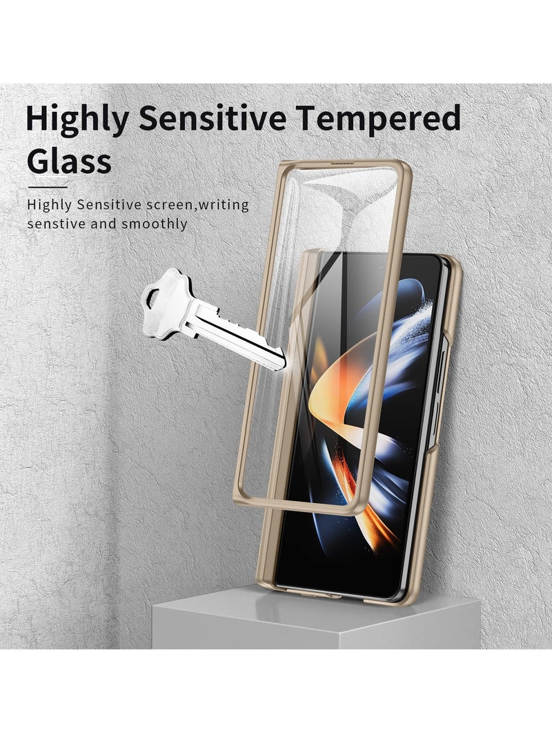 KASTWAVE Case Compatible with Samsung Galaxy Z Fold 4, Magnetic Thin Body Metal Frame with Hidden S Pen Holder, Hinge Screen Protector Magnetic Kickstand with Lens Camera Protector Cover (Gold) - Image 3