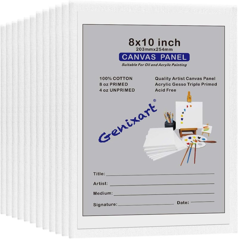 Genixart ألواح قماش جينيكسارت البيضاء الفارغة، 20x25 سم / 8"x10" بوصة 12 قطعة، ألواح قماش فنان محترف معدة مسبقًا للرسم بالأكريليك والزيت - Image 3