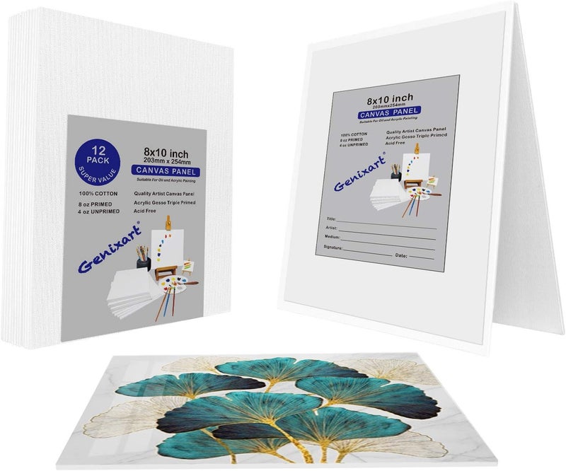 Genixart ألواح قماش جينيكسارت البيضاء الفارغة، 20x25 سم / 8"x10" بوصة 12 قطعة، ألواح قماش فنان محترف معدة مسبقًا للرسم بالأكريليك والزيت - Image 1