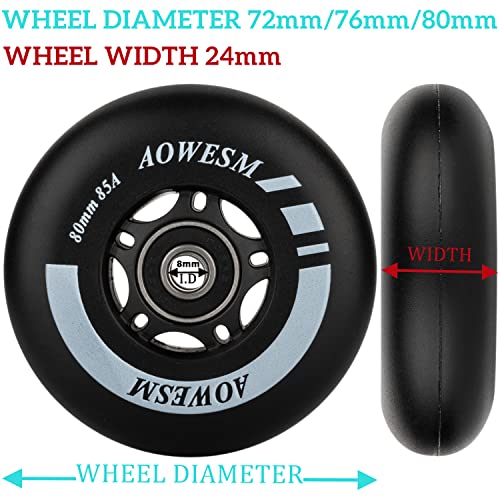 AOWESM Inline Skate Wheels 80mm 76mm 72mm 85a Outdoor Indoor Black Blue Red Roller Hockey Blades Replacement Wheels w/Bearings ABEC-9 and Floating Spacers (4-Pack) (Black, 80mm) - Image 2