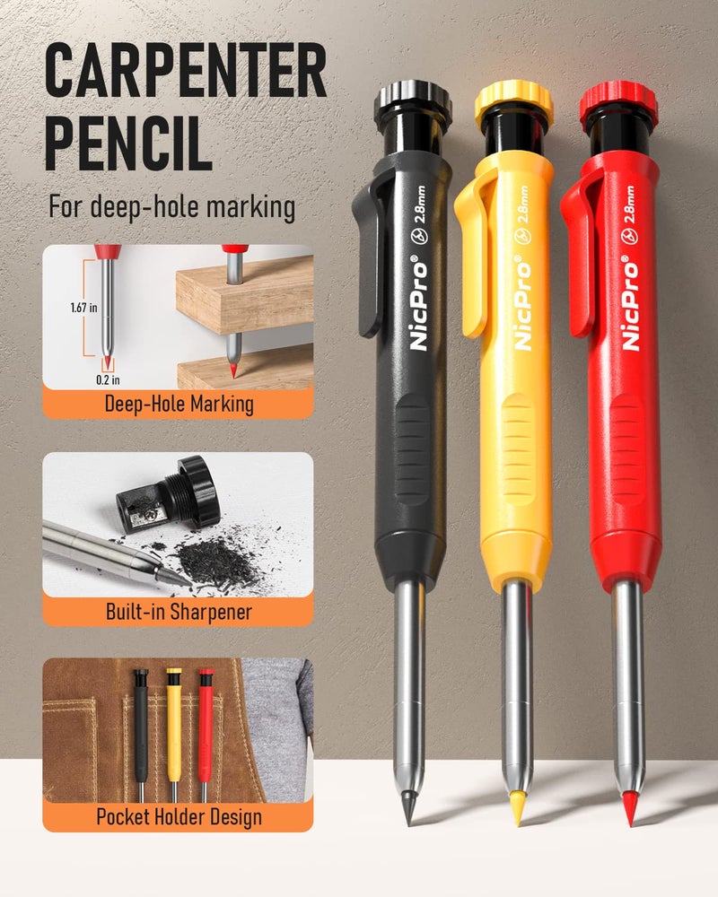 Nicpro 10 Pack Carpenter Pencils Mechanical, Construction Pencils with 21 Refill, Automatic Center Punch and Carbide Scribe Tool, Mechanical Pencil for Woodworking, Best Carpenters Marking Tool - Image 4