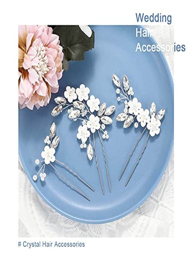 Unicra Flower Bride Wedding Hair Pins Silver Crystal Bridal Hair Pieces Pearl Hair Accessories For Women And Girls ( Pack Of 3)  - Image 2