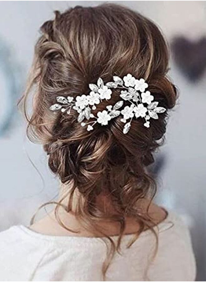Unicra Flower Bride Wedding Hair Pins Silver Crystal Bridal Hair Pieces Pearl Hair Accessories For Women And Girls ( Pack Of 3)  - Image 3