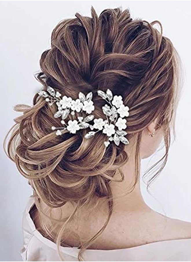 Unicra Flower Bride Wedding Hair Pins Silver Crystal Bridal Hair Pieces Pearl Hair Accessories For Women And Girls ( Pack Of 3)  - Image 1