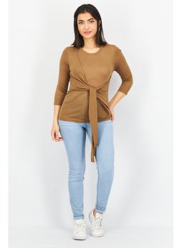 Couture Made For Vero Moda Women Round Neck Long Sleeve Plain Top, Brown  - Image 4