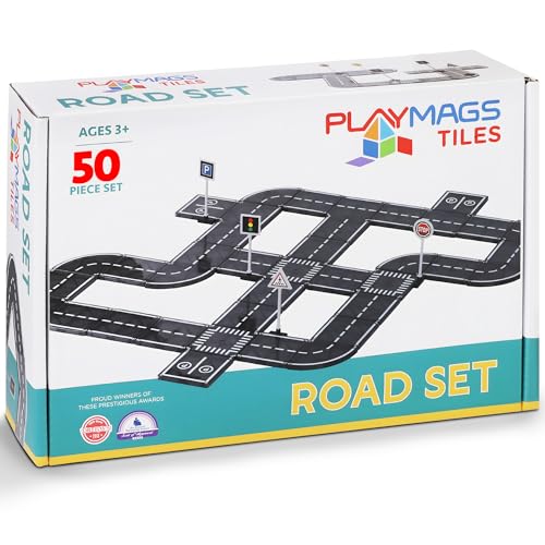 Playmags Magnetic Tiles Road Set 50 Pcs STEM Educational Construction Toy Car Track Building Blocks Magnet Toys for Toddlers Safe for Ages 3 - Image 1