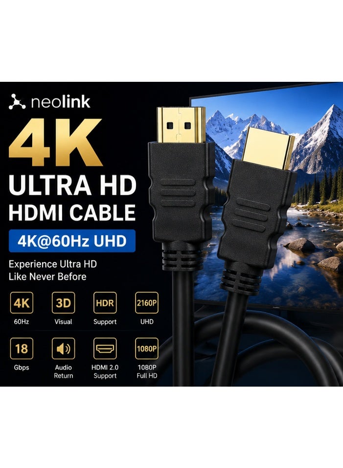 neolink كابل NEOLINK HDMI 4K بطول 2م، HDMI 2.0 عالي السرعة 18Gbps 4K@60Hz Ultra HDR كابل فيديو HDMI إلى HDMI متوافق مع MacBook Pro و Playstation PS5/5 و Switch و TV و Xbox و جهاز العرض و الكمبيوتر المحمول و الكمبيوتر الشخصي - أسود - Image 2