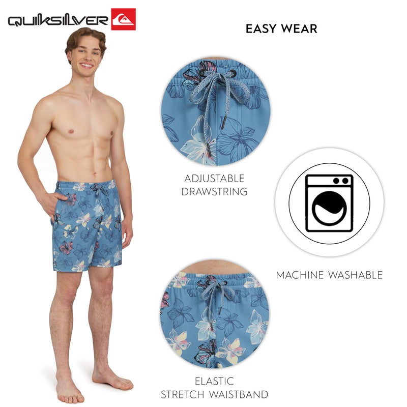 QUIKSILVER ملابس السباحة الرجالية من كويك سيلفر بقصة عادية، مبطنة بمرونة وراحة، بتصميم زهور - ظل أزرق، مقاس كبير - Image 5