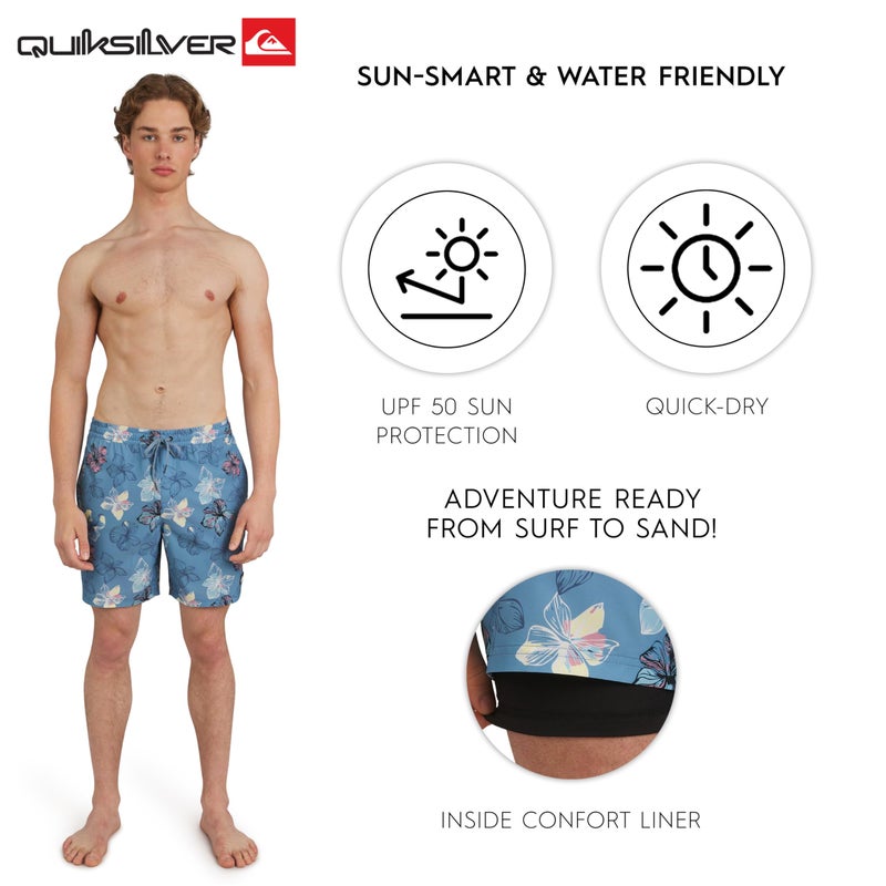 QUIKSILVER ملابس السباحة الرجالية من كويك سيلفر بقصة عادية، مبطنة بمرونة وراحة، بتصميم زهور - ظل أزرق، مقاس كبير - Image 3