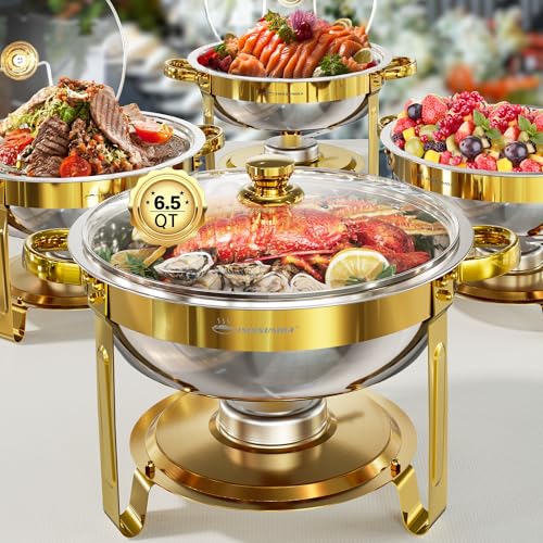 IMXSUMDA Chafing Dishes for Buffet Set 6.5QT, 4 Pack Round Dish Buffet Servers and Warmers with Glass Lid High Grade Stainless Steel Food Warmers for Parties, Christmas Gatherings, Weddings, Catering, Gold - Image 1