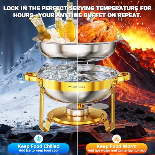 IMXSUMDA Chafing Dishes for Buffet Set 6.5QT, 4 Pack Round Dish Buffet Servers and Warmers with Glass Lid High Grade Stainless Steel Food Warmers for Parties, Christmas Gatherings, Weddings, Catering, Gold - Image 3