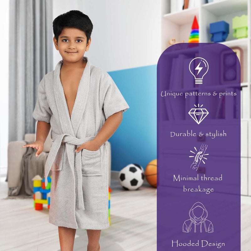 Rangoli Mini Noble 100% Cotton Kids Bathrobe, 400 GSM | Ultra-Soft, Super Absorbent Hooded Bathrobe for Boys and Girls | Grey 5 to 6 Years - Image 3
