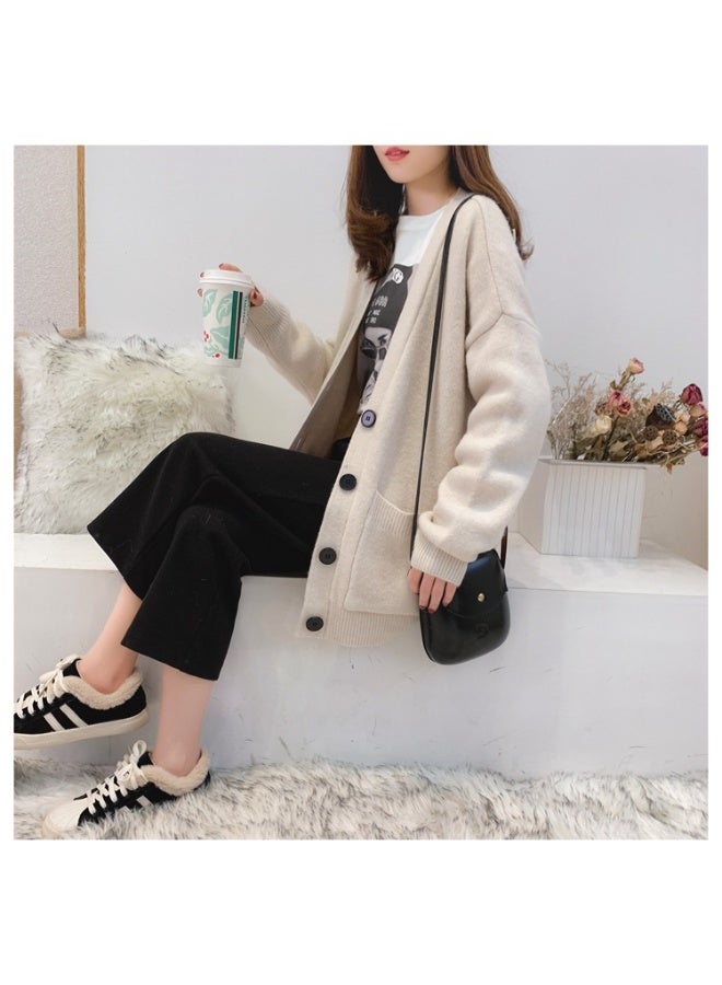 NIBEMINENT Knitted Sweater Women V Neck Long Sleeve Solid Color Cardigan Vintage Casual Loose Tops Fashion  Basic Tops - Image 3