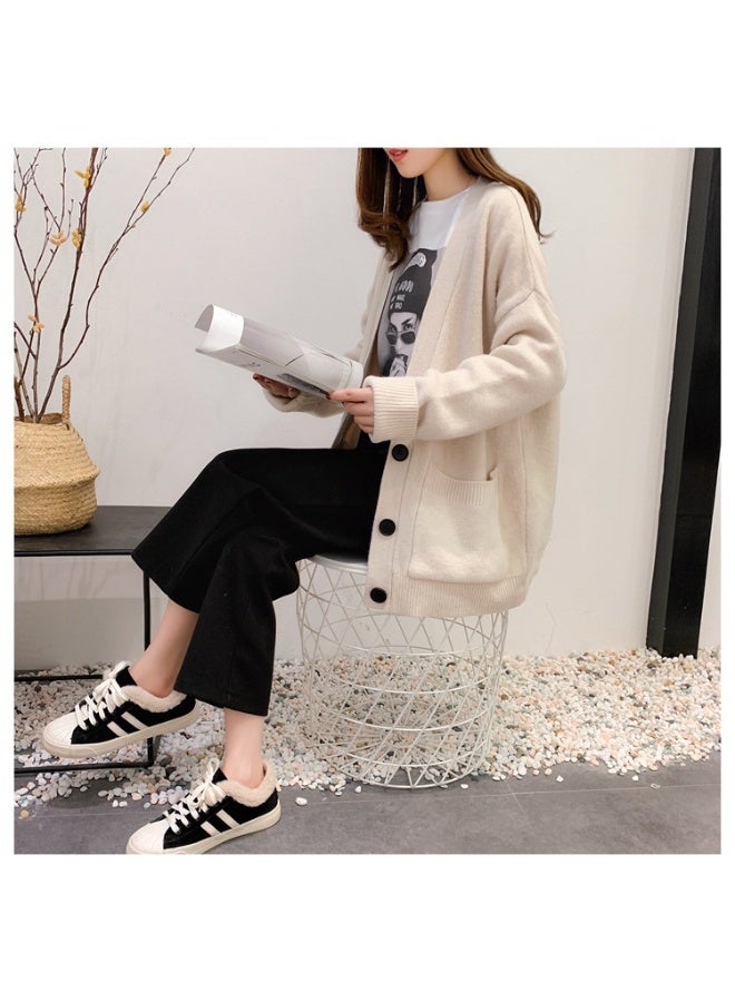 NIBEMINENT Knitted Sweater Women V Neck Long Sleeve Solid Color Cardigan Vintage Casual Loose Tops Fashion  Basic Tops - Image 1