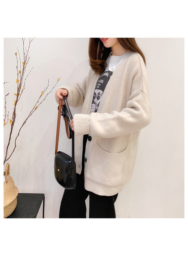 NIBEMINENT Knitted Sweater Women V Neck Long Sleeve Solid Color Cardigan Vintage Casual Loose Tops Fashion  Basic Tops - Image 2
