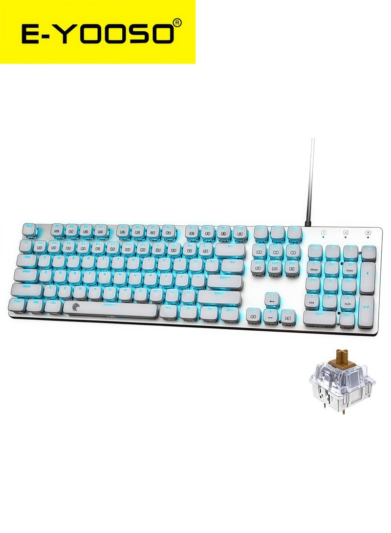 E-YOOSO 104Keys Professional Mechanical Gaming Keyboard, Wired Numeric Pad, Blue Backlit, Metal Panel, PC Gaming Accessories, White - Image 1