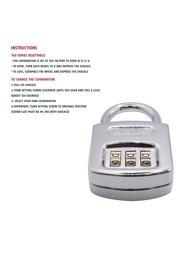 Abus 160/40 B 160 All Weather Chrome Combination Padlock, 3 Dial - Image 4