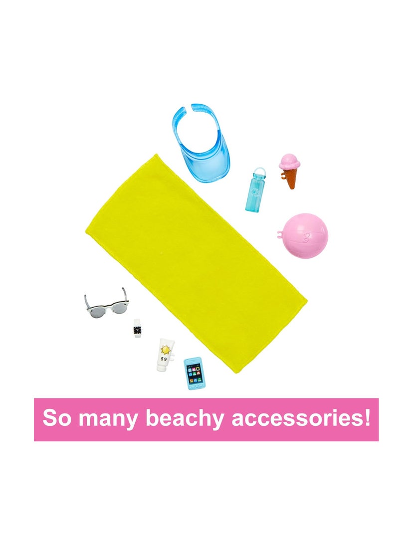 Barbie Blonde Ken Doll With Blue Button Down And Swim Trunks, Visor, Towel And Beach-Themed Accessories, HPL74 - Image 3
