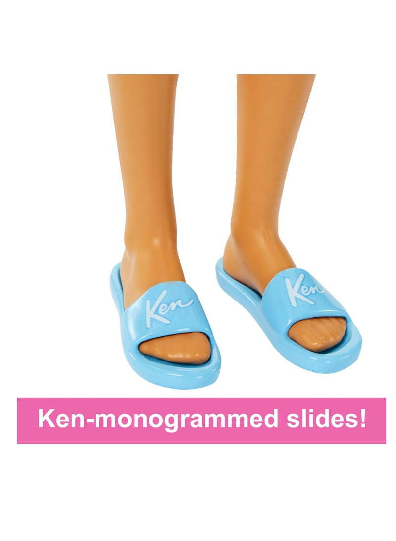 Barbie Blonde Ken Doll With Blue Button Down And Swim Trunks, Visor, Towel And Beach-Themed Accessories, HPL74 - Image 4