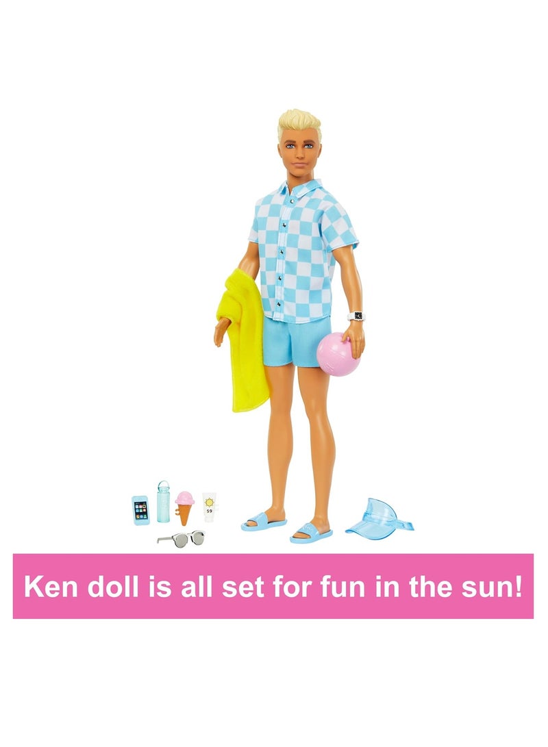 Barbie Blonde Ken Doll With Blue Button Down And Swim Trunks, Visor, Towel And Beach-Themed Accessories, HPL74 - Image 2