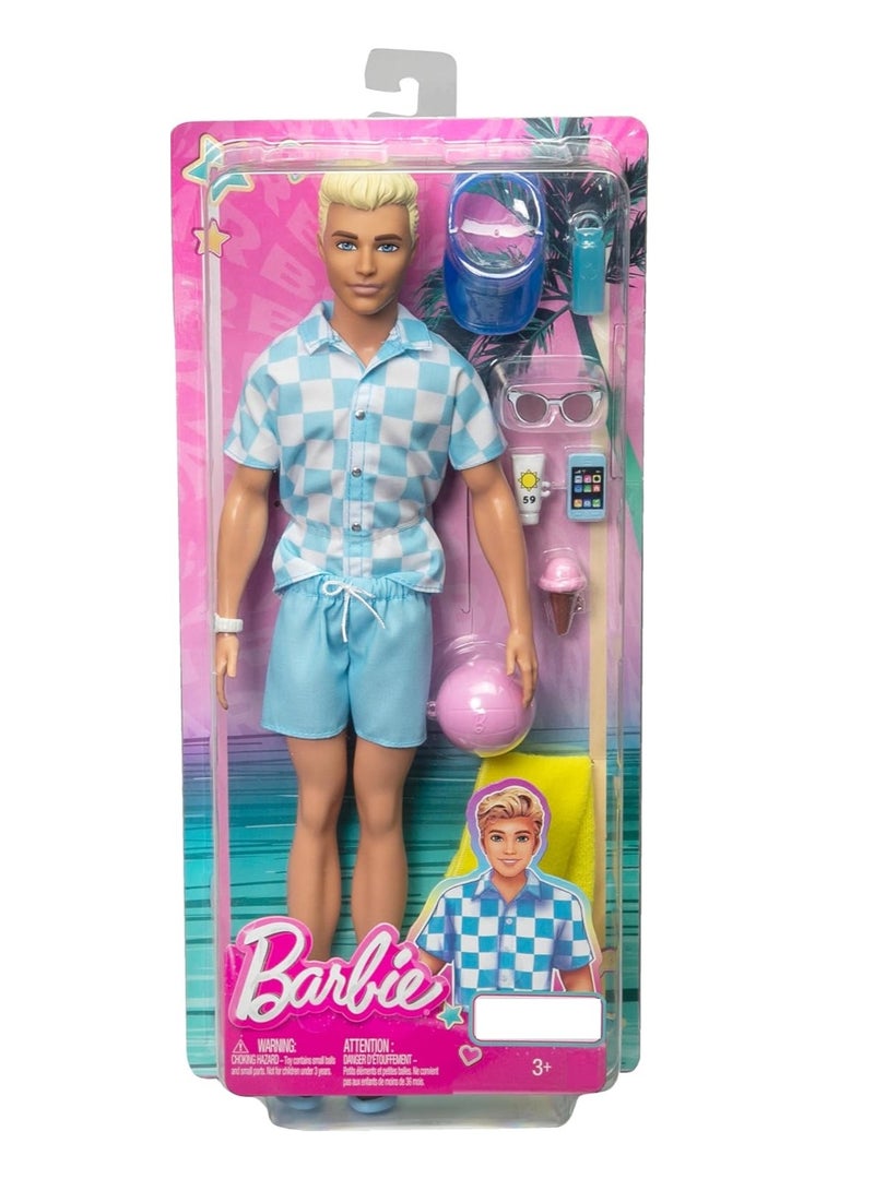 Barbie Blonde Ken Doll With Blue Button Down And Swim Trunks, Visor, Towel And Beach-Themed Accessories, HPL74 - Image 5