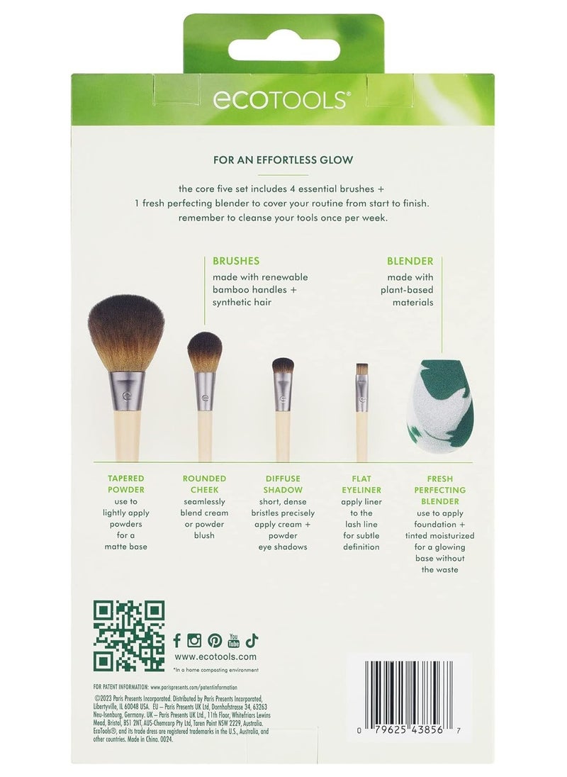 Ecotools - EcoTools Core Five Makeup Brush and Sponge Kit, For Eyeshadow, Blush, Bronzer, Eyeliner, & Foundation, Makeup Blending Sponge, Brush Essentials, 5 Piece Set - Image 1