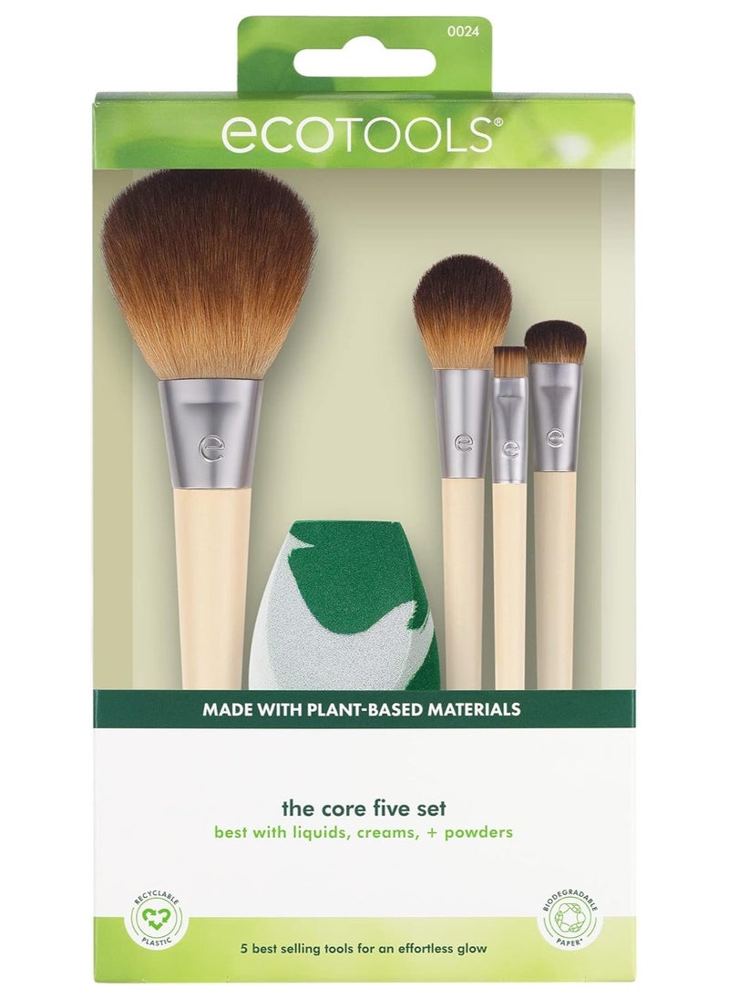 Ecotools - EcoTools Core Five Makeup Brush and Sponge Kit, For Eyeshadow, Blush, Bronzer, Eyeliner, & Foundation, Makeup Blending Sponge, Brush Essentials, 5 Piece Set - Image 1