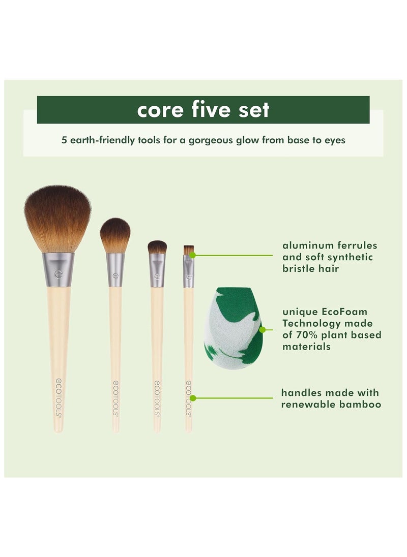 Ecotools - EcoTools Core Five Makeup Brush and Sponge Kit, For Eyeshadow, Blush, Bronzer, Eyeliner, & Foundation, Makeup Blending Sponge, Brush Essentials, 5 Piece Set - Image 1