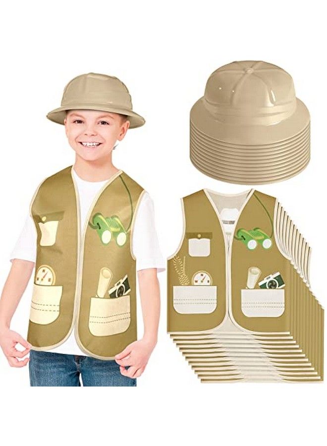 Geyoga 12 Pieces Kids Explorer Vest And 12 Pieces Party Hats Plastic Explorer Hats Kids Vest For Jungle Party Supplies Outdoor Activity Halloween Birthday Gifts - Image 1