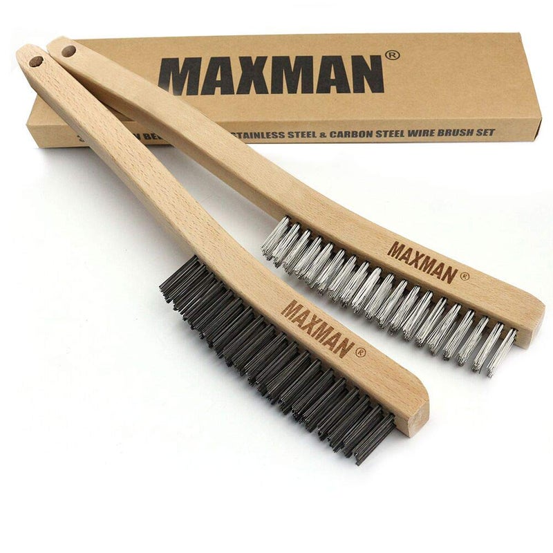 MAXMAN Wire Brush, Heavy Duty Carbon Steel and Stainless Steel Wire Brushes for Cleaning Rust, Grill, Paint Removal, Welding, Stiff Bristle Metal Brush with 14" Long Beech Wood Handle, Large, 2Pcs - Image 1