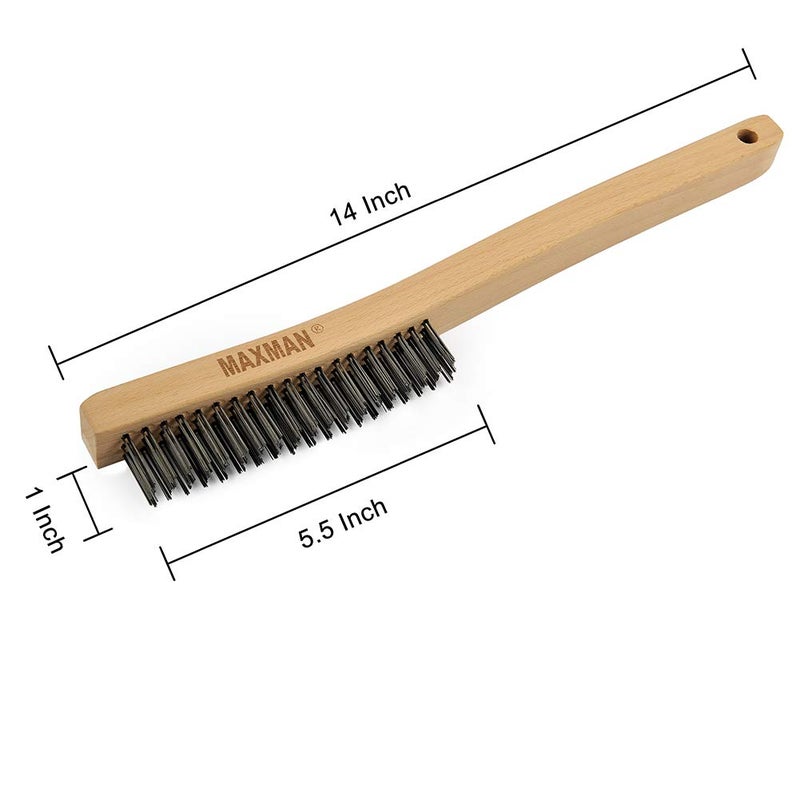 MAXMAN Wire Brush, Heavy Duty Carbon Steel and Stainless Steel Wire Brushes for Cleaning Rust, Grill, Paint Removal, Welding, Stiff Bristle Metal Brush with 14" Long Beech Wood Handle, Large, 2Pcs - Image 3
