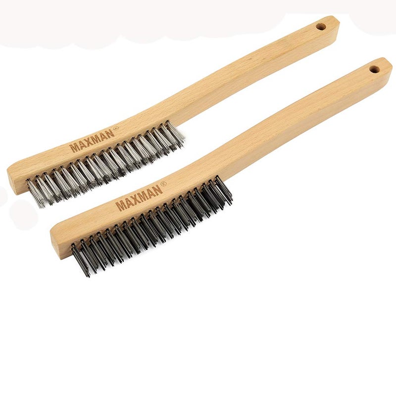 MAXMAN Wire Brush, Heavy Duty Carbon Steel and Stainless Steel Wire Brushes for Cleaning Rust, Grill, Paint Removal, Welding, Stiff Bristle Metal Brush with 14" Long Beech Wood Handle, Large, 2Pcs - Image 2