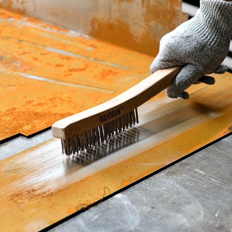 MAXMAN Wire Brush, Heavy Duty Carbon Steel and Stainless Steel Wire Brushes for Cleaning Rust, Grill, Paint Removal, Welding, Stiff Bristle Metal Brush with 14" Long Beech Wood Handle, Large, 2Pcs - Image 4