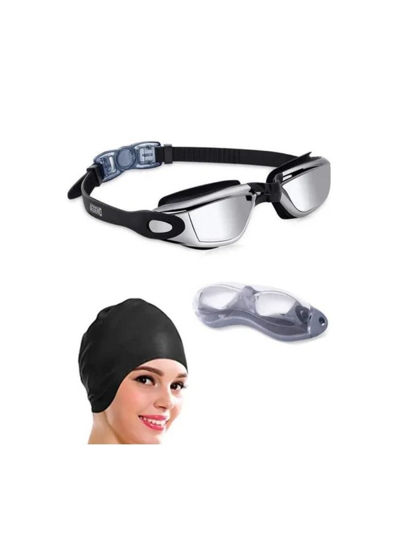 روك بو قبعة السباحة Rock Pow ، قبعة السباحة لشعر طويل ومضادة للضباب وحماية من الأشعة فوق البنفسجية للأطفال البالغين مع مشبك الأنف مجموعات سدادات الأذن - Image 1