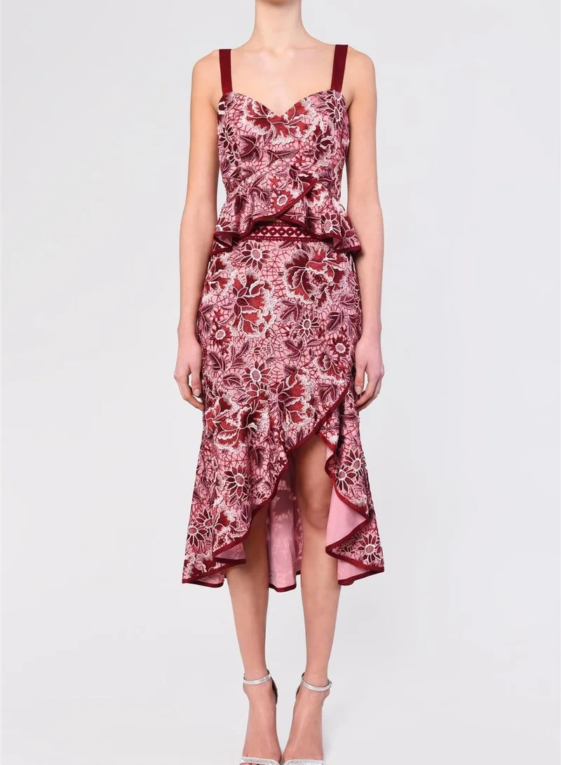 ترو ديكادينس Felicity Pink Burgundy Lace Peplum Hi-Low Top