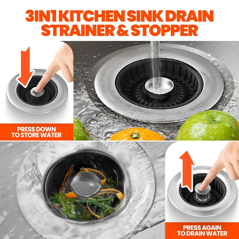 Nipoko 3 in 1 Kitchen Sink Drain Strainer & Sink Stopper Upgraded Stainless Steel Drain Plug with Anti-Clog Basket Drain Stopper Combo, Pop Up Sink Stopper for Standard 3-1/2'' - Image 4