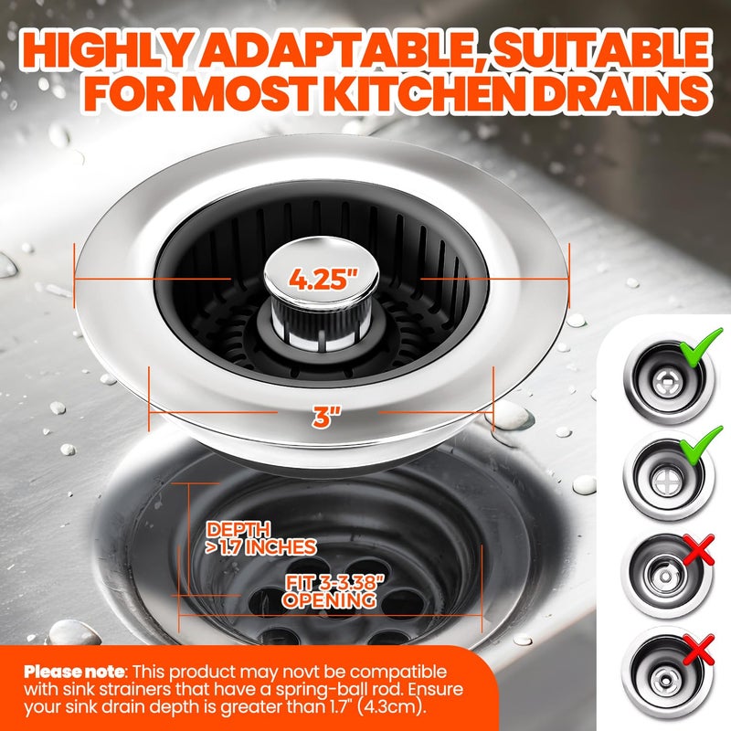 Nipoko 3 in 1 Kitchen Sink Drain Strainer & Sink Stopper Upgraded Stainless Steel Drain Plug with Anti-Clog Basket Drain Stopper Combo, Pop Up Sink Stopper for Standard 3-1/2'' - Image 5