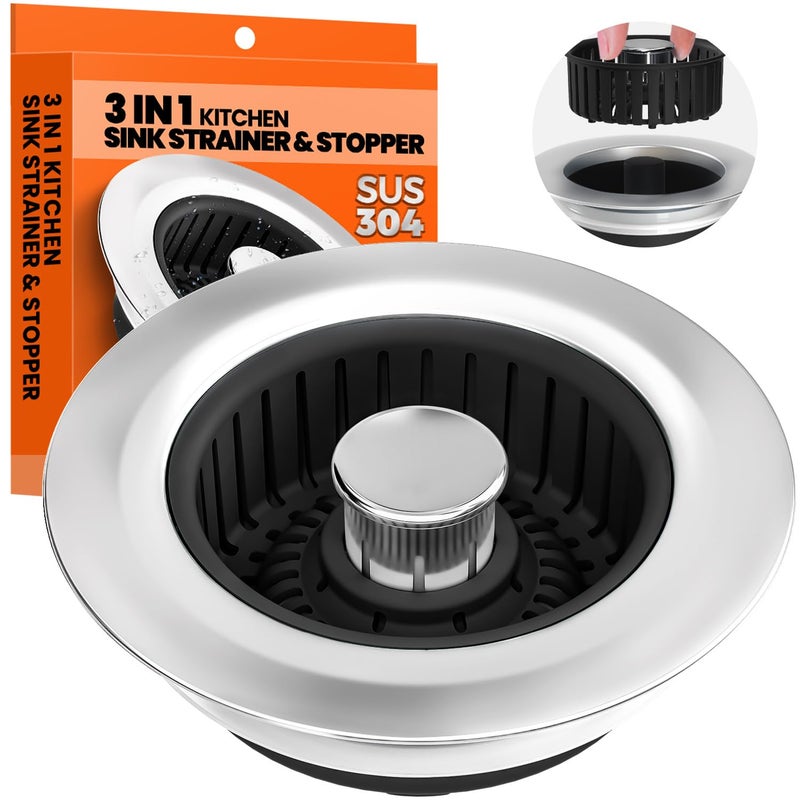 Nipoko 3 in 1 Kitchen Sink Drain Strainer & Sink Stopper Upgraded Stainless Steel Drain Plug with Anti-Clog Basket Drain Stopper Combo, Pop Up Sink Stopper for Standard 3-1/2'' - Image 1