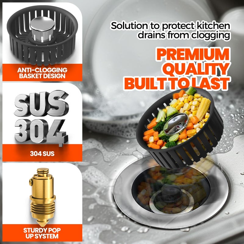 Nipoko 3 in 1 Kitchen Sink Drain Strainer & Sink Stopper Upgraded Stainless Steel Drain Plug with Anti-Clog Basket Drain Stopper Combo, Pop Up Sink Stopper for Standard 3-1/2'' - Image 2