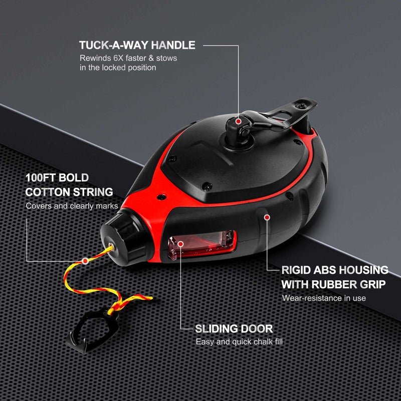 HAUTMEC Chalk Line with 30m/100ft Chalk Line Tool, 6:1 Gear Ratio Chalk Box, Ideal for Deck Builders, Framers, and Roofers HT0108-CL - Image 2