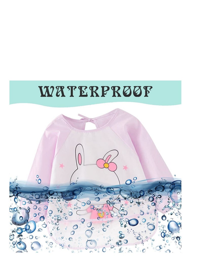 SYOSI Bibs with Sleeves Baby Bibs 2 Pack Waterproof Long Sleeve Baby Bibs with Food Catcher Pocket Wipe Clean Toddler Apron for Infant Toddler 2-4 Years Stain and Odor Resistance Pink and Purple - Image 2