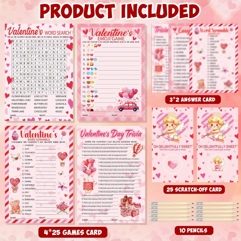 Sealmic 141 Pcs Valentine's Party Games for Adults Kids Valentines Day Games Cards Word Scramble Trivia Word Search Emoji Game with Pencil and Answer Key for Boys Girls Family Office Large Groups Activities - Image 2