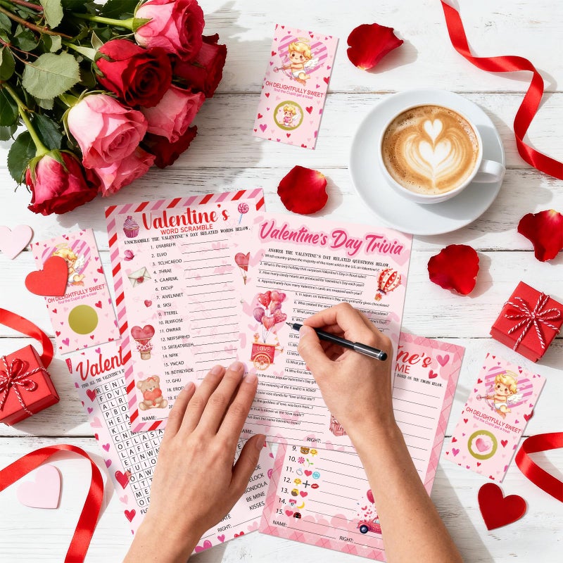 Sealmic 141 Pcs Valentine's Party Games for Adults Kids Valentines Day Games Cards Word Scramble Trivia Word Search Emoji Game with Pencil and Answer Key for Boys Girls Family Office Large Groups Activities - Image 5