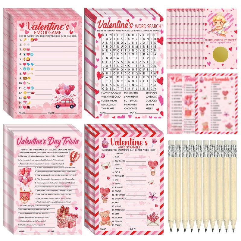 Sealmic 141 Pcs Valentine's Party Games for Adults Kids Valentines Day Games Cards Word Scramble Trivia Word Search Emoji Game with Pencil and Answer Key for Boys Girls Family Office Large Groups Activities - Image 1