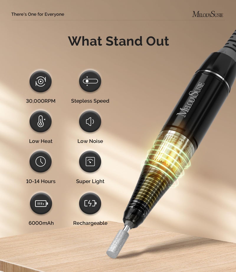 MelodySusie Entry-Level Clip-On Cordless Nail Drill, SC320H 30000RPM Popular Classic E-File with LCD Display for Manicure Shaping & Gel Removal, Perfect for Training, Nail Art Practice & Home Use - Image 2